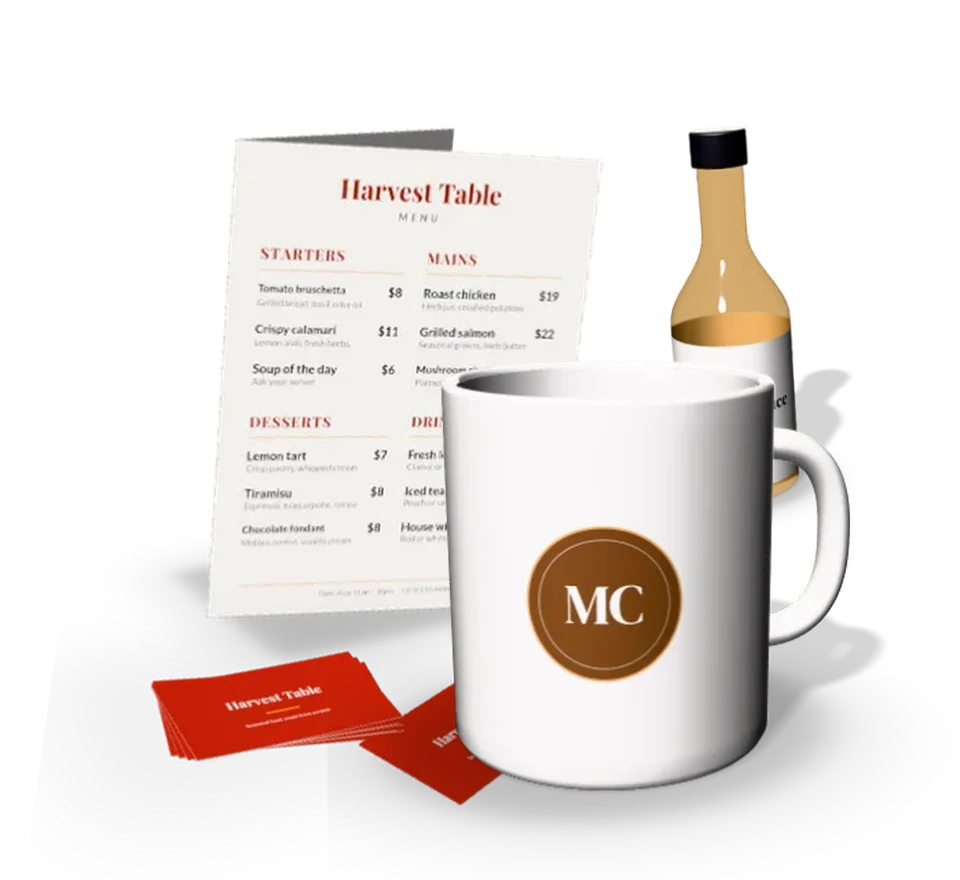 Menu, business cards, a printed mug and a bottle label in our studio