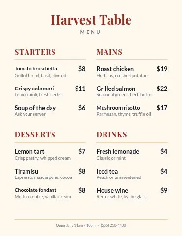 Editable menu template